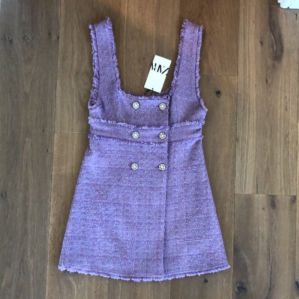 Zara tweed mini purple lavender dress with rhinestone buttons